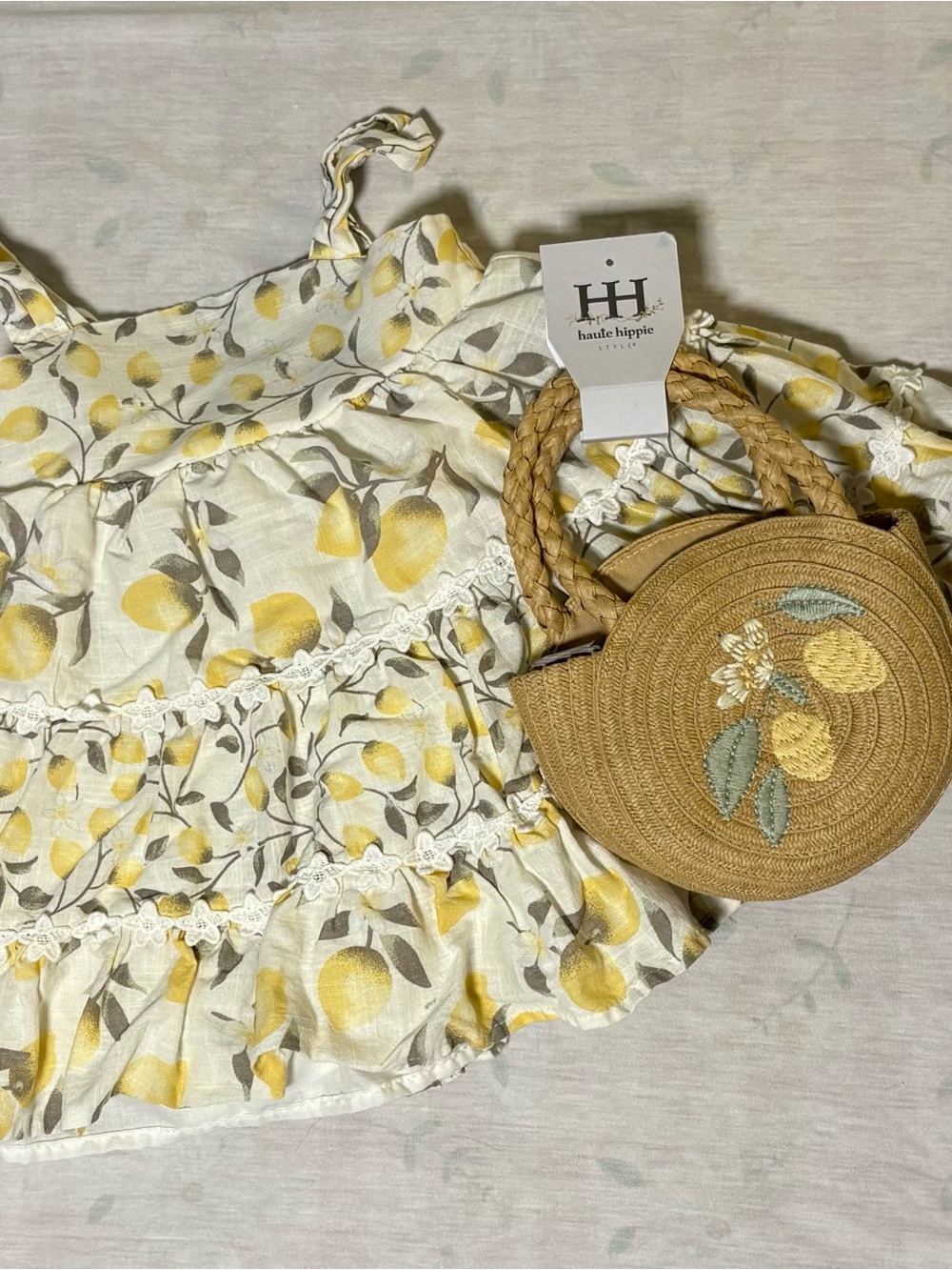 Haute Hippie Yellow Lemon Print Ruffle Dress with Straw Circle Crossbody